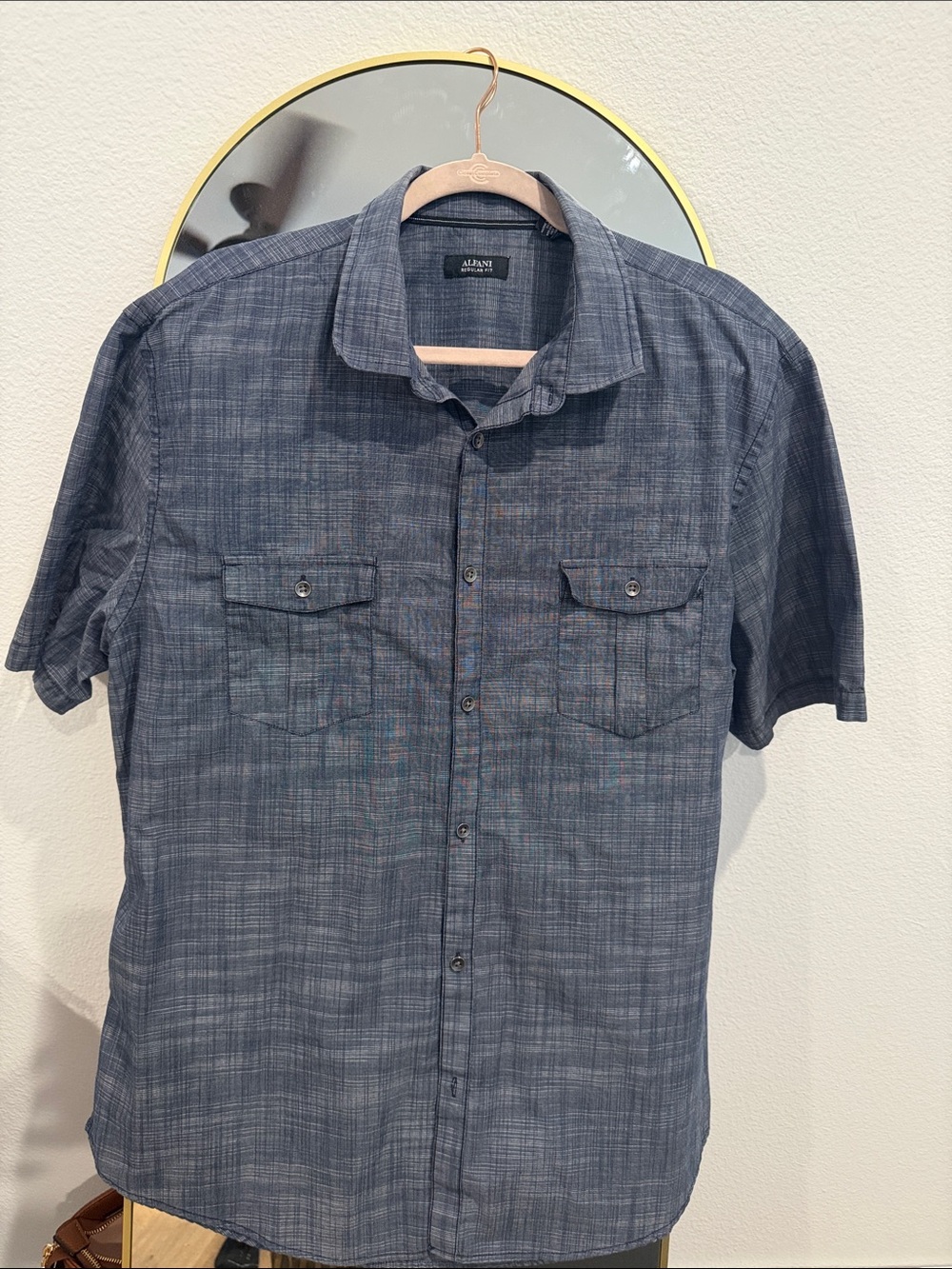 Alfani Men's Navy Blue Short-Sleeve Button-Down Shirt